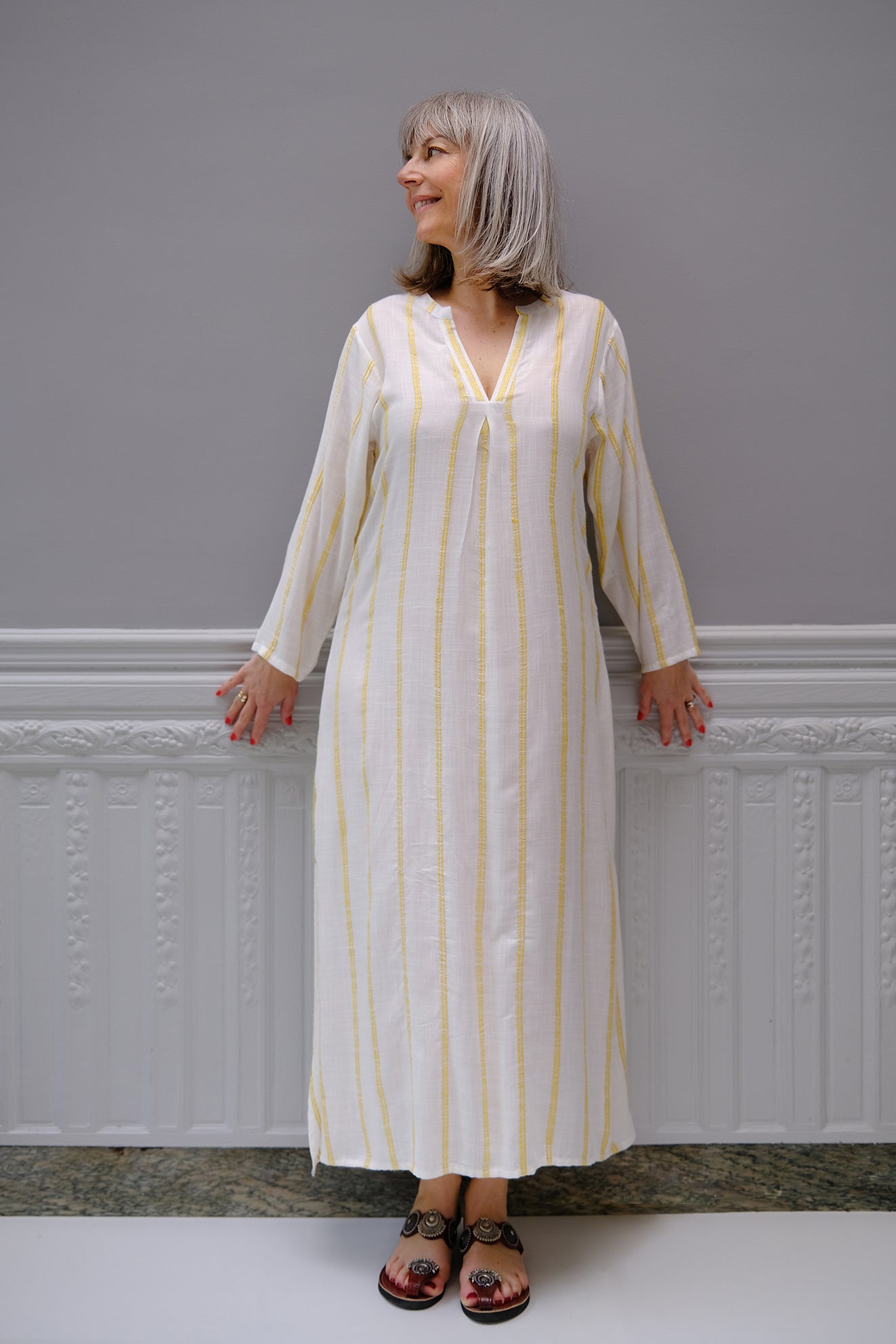 ROBE KURTA BLANCHE RAYEE SAFRAN