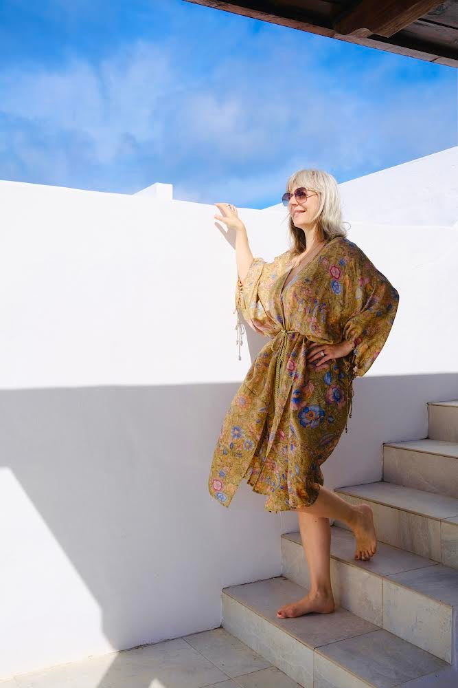 BLUE, KIMONO LONG EN SOIE RECYCLÉE